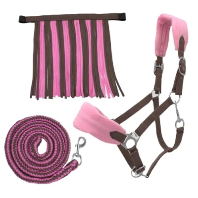 Afbeelding van PFIFF 103103 Halsterset &quot;Sunny&quot;, 3 delige set van halster, gebreid en vliegenfranjes, individueel aanpasbaar, bruin roze, full
