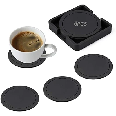 Afbeelding van Siliconen onderzetters, siliconen, antislip, rond, voor glazen, set van 6, zwarte onderzetters dranken, kopjes, bar, glazen tafelonderzetters
