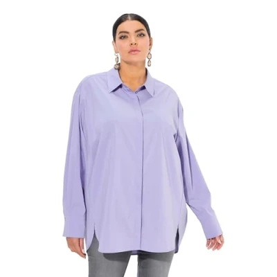 Afbeelding van Ulla Popken Dameshemdblouse, parelmoerknopen, oversized, hemdkraag, blouse met lange mouwen, lavendel, 62 64
