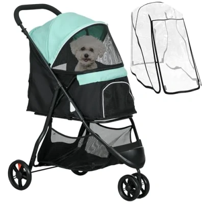 Afbeelding van PawHut 2 in 1 Hundewagen Hundebuggy mit Regenschutz klappbar für Hunde &amp; Katzen bis 10 kg Katzenbuggy Kissen Netzfenstern Türen Aufbewahrungskorb Katzenwagen Buggy Grün
