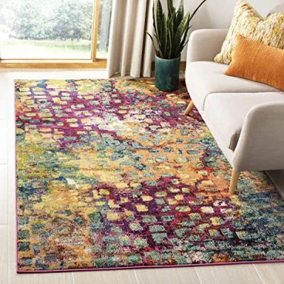 Afbeelding van SAFAVIEH Monaco Collection Boho tapijt voor woonkamer, eetkamer, slaapkamer, korte pool, roze en multi, 91 x 152 cm