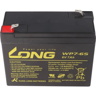 Afbeelding van Kung Long WP7 S6 F1 loodvlies accu, 6Volt, 7Ah met 4,8 mm Faston aansluiting