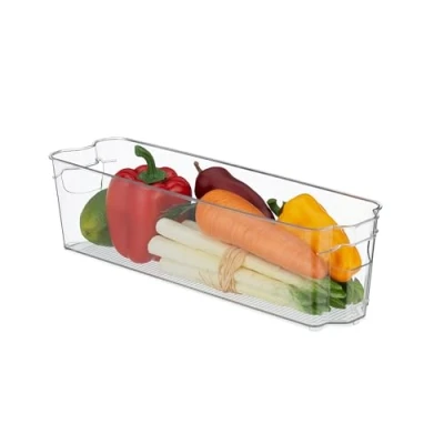 Afbeelding van Relaxdays koelkast organizer, smal bakje voor levensmiddelen, HBD: 10x38x10,5 cm, opbergbak met handgrepen, doorzichtig