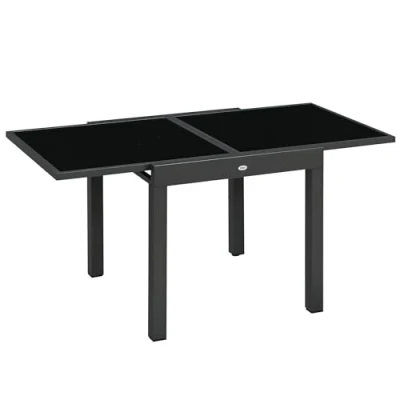 Afbeelding van Outsunny Uitschuifbare tuintafel, groot formaat, uitgeklapt, 160 x 80 b 75 cm, aluminium, epoxymetaal, donkergrijs, dienblad van gehard glas, zwart