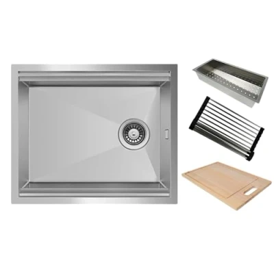 Afbeelding van Respekta San Diego Workstation met premium uitrusting zonder kraangatbank/roestvrij stalen inbouwspoelbak 61 x 48,4 cm, houten snijplank, afdruiprooster en restschaal/voor onderkasten vanaf 60 cm