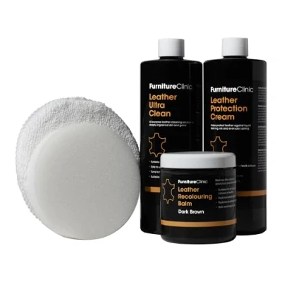 Afbeelding van lederen complete restauratieset (donkerbruin) bevat balsem, beschermingscrème, reiniger, spons en applicator herstel reparatiebanken, stoelen, autostoeltjes meer