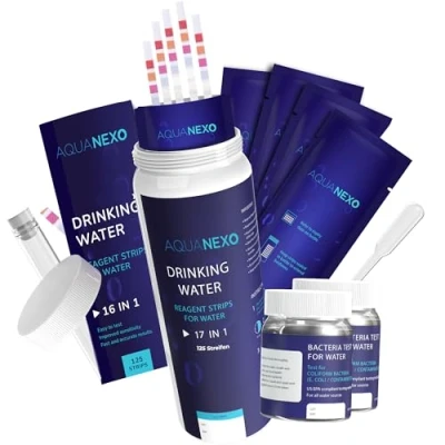 Afbeelding van AQUANEXO 18 parameters, 125 drinkwaterteststrips (5 x 25) + 2 colibacteriën test, pH teststrips, watertester voor drinkwater, waterhardheid meten, drinkwatertest, waterhardheidsteststrips
