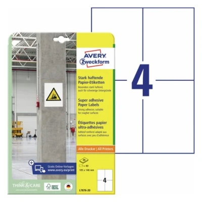 Afbeelding van Avery Zweckform L7876 20 ( 105 x 148 mm, Wit, 80 stuk(s), Permanent, Sterk hechtend