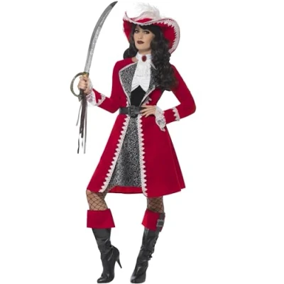 Afbeelding van Deluxe Authentic Lady Captain Costume, Red, with Dress, Jacket, Neck Tie &amp; Boot Covers, (L)