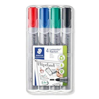 Afbeelding van Staedtler Lumocolor 356 WP4 flipchart marker, kleurintensief, reukloos, ronde punt, ca. 2 mm lijnbreedte, hoge kwaliteit, ideaal voor blokken, set met 4 kleuren