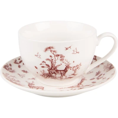 Afbeelding van Clayre &amp; Eef Kop en schotel 200 ml Beige Rood Porselein Rendieren bomen Servies