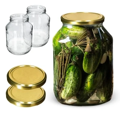 Afbeelding van KADAX Weckpotten, 2,5 liter, inmaakpot, diameter van 100 mm, voorraadpot, komkommerglas, ronde potten (2 stuks, gouden deksel)