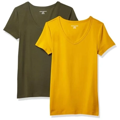 Afbeelding van Amazon Essentials Women&#039;s T shirt met korte mouwen en V hals in slanke pasvorm, Pack of 2, Goud/Olijfgroen, S