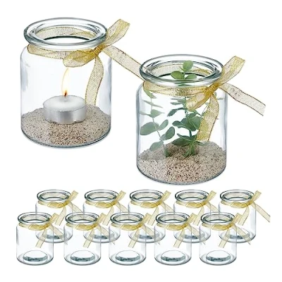 Afbeelding van Relaxdays windlicht set van 12 waxine theelichthouders decoratie glazen gouden lus