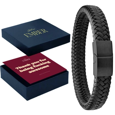 Afbeelding van Atelier EMBER Handgemaakte Leren Armband Heren Cadeauset Awesome Zwart Gevlochten RVS 20 CM + 1,5 Luxe Sieradendoos Giftset Originele Cadeautjes voor Mannen Verjaardag, Papa, Vriend, Vader, Opa Geschenkset Cadeaupakket