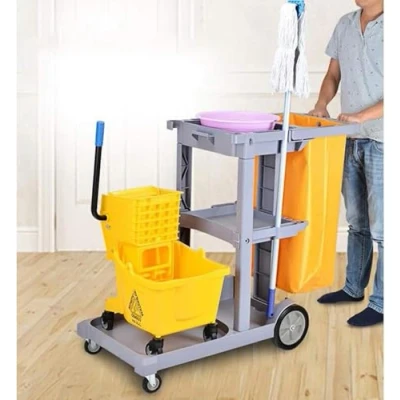 Afbeelding van tonchean Schoonmaakwagen op wielen, commerciële conciërgeservice kar met verwijderbare afvalzak, zware huishoudelijke trolley conciërge karren, grijs