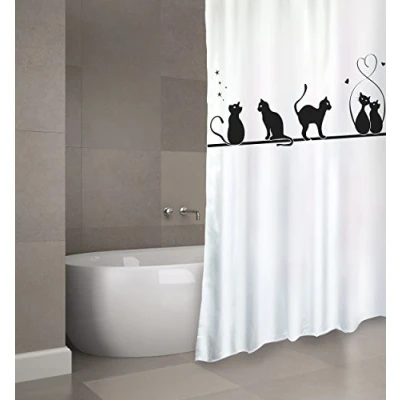 Afbeelding van MSV Cotexsa by Premium Anti schimmel textiel douchegordijn &quot;kat&quot;, antibacterieel, wasbaar, 100% waterdicht, inclusief 12 douchegordijnringen, polyester, wit, 180 x 200 cm, Made in Spain