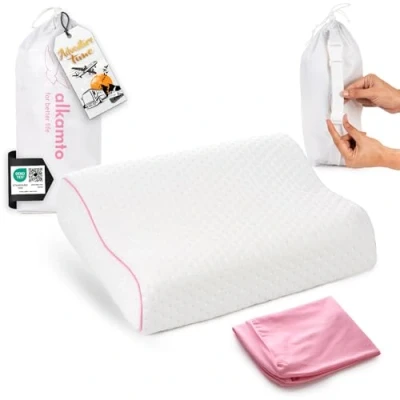 Afbeelding van Alkamto Reiskussen, campingkussen, traagschuim met Extra katoenen overtrek, inclusief tas, orthopedisch neksteunkussen (35 x 30 10/8 cm Roze kussensloop)