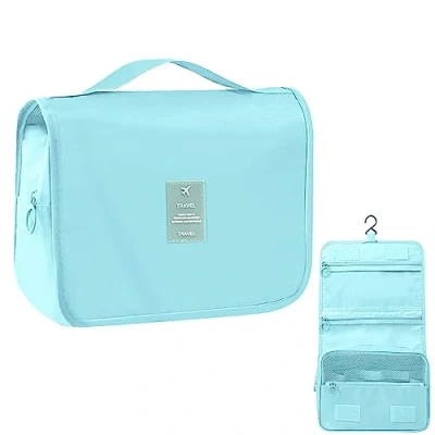 Afbeelding van MEIJMJIA Toilettas om op te hangen, voor reizen, cosmeticatas, organizer, waterdichte en opvouwbare make uptas, grote capaciteit, organizer gymnastiek, zaken vakantie, Blauw, Minimalistische