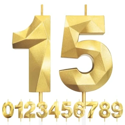 Afbeelding van 15. verjaardagskaarsen, cake goud, kaars nummer 15, 3D kaarsen met cijfers van 5 cm, verjaardag taarttopper decoratie voor verjaardagsfeesten, bruiloft, jubileum