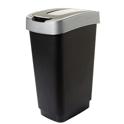Afbeelding van SUSTANIA Vuilnisemmer voor de keuken, 50 liter, geurdicht, met schommeldeksel, 60 x 45 34 cm, robuuste recyclebare kunststof, zwart/zilver, Made in EU