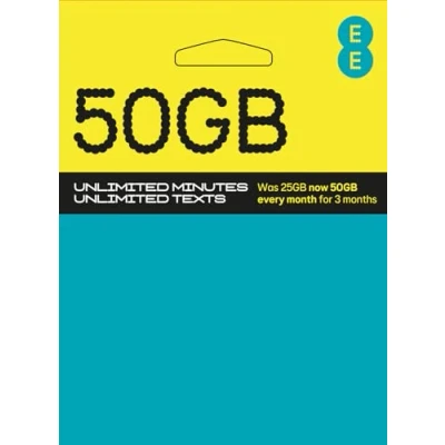 Afbeelding van EE 75GB Data Sim bevat £15 prepaid tegoed, 75 GB gegevens, onbeperkte minuten en teksten