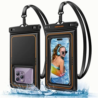 Afbeelding van UNBREAKcable Waterdichte telefoonhoes voor iPhone 15, 14, 13, 12 Pro Max, 11 XR, XS SE 2/3, Samsung S24, S23 FE S20, tot 7,0 inch, 2 stuks, zwart