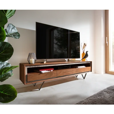 Afbeelding van Tv meubel Stonegrace acacia bruin steenfineer 175 cm 3 laden 1 legplank V poot zwart