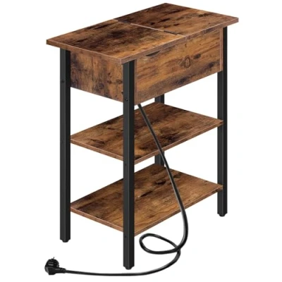 Afbeelding van HOOBRO EBF342BZ01 Bijzettafel, flip top tafeltje met laadstation en legplank, smal nachtkastje voor kleine ruimtes, slaapkamer, woonkamer, stabiel, donkerbruin