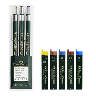 Afbeelding van Faber Castell 136030 3 delige set vulpotloden TK FINE 9760 stiftdikte: 0,35 mm; 0,5 mm + 0,7 mm, schachtkleur: groen Eco bundel met 5 reservevullingen HB en B