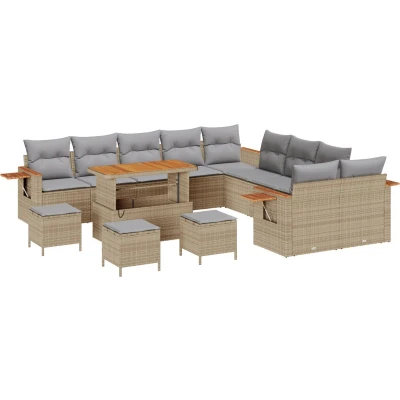Afbeelding van vidaXL 14 delig Tuinbankstel met Kussens Beige Poly Rattan Acacia, 4 Tuin Eetstel Acacia