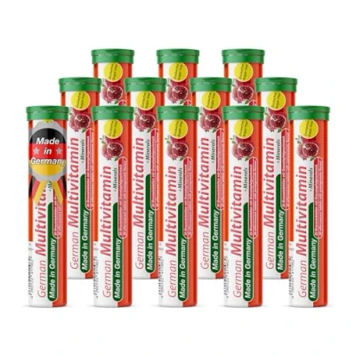 Afbeelding van Multivitamine + mineralen bruistabletten 12x20 = 240 stuks Granaatappelsmaak Vitamine C, E, B1, B2, B6, B12, biotine, foliumzuur, niacine, pantotheenzuur, calcium, magnesium T&amp;D Pharma German Multivitamin Minerals Made in Germany