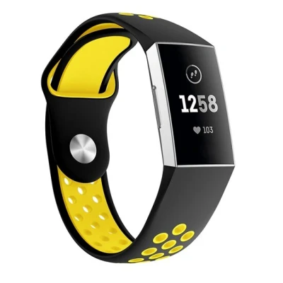 Afbeelding van Fitbit Charge 3 &amp; 4 siliconen DOT bandje Geel / Zwart Maat: Large
