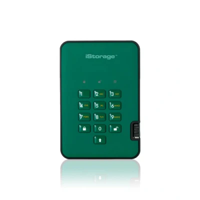 Afbeelding van iStorage diskAshur2 HDD 4TB Groen Veilige draagbare harde schijf Beveiligd met een wachtwoord Stofdicht en waterdicht Hardwarematige versleuteling