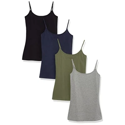 Afbeelding van Amazon Essentials Dameshemdje, slimfit, verpakking van 4 stuks, zwart/grijs/marineblauw/olijf, L