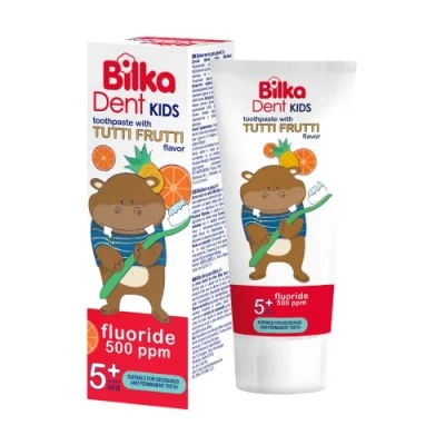 Afbeelding van BilkaDent Kids tandpasta voor kinderen vanaf 5 jaar met Tutti Frutti smaak, fluoride 500 ppm, melk en blijvende tanden, 1 x 50 ml