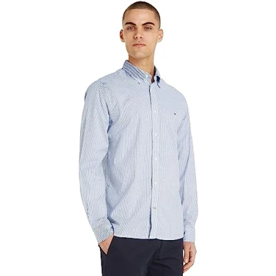 Afbeelding van Tommy Hilfiger gestreept regular fit overhemd CORE 1985 FLEX met biologisch katoen carbon navy / white