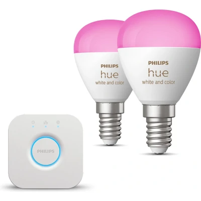Afbeelding van Philips Hue Starterspakket White and Color Ambiance Kogellamp E14 2 Lampen en Bridge Eenvoudige Installatie Werkt met Alexa Google Home