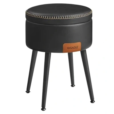 Afbeelding van VASAGLE EKHO Collectie Opbergkruk, kaptafelkruk, PU met stiksels, midden van de eeuw modern, ronde opbergkruk stalen poten, capaciteit 150 kg, inktzwart LOM005B01