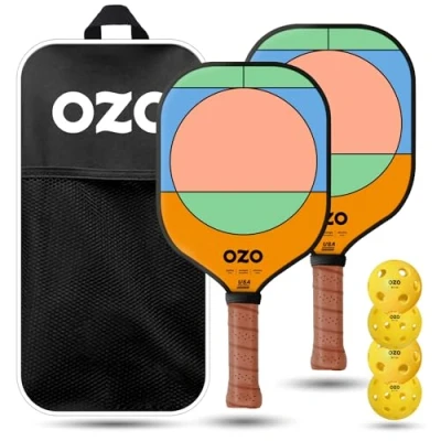 Afbeelding van OZO Pickleball Set van 2 paddles + 4 ballen Jupiter Fusion Chroma Energia (Intermediate Hybrid en Power Paddles) injectieballen (2 x Indoor Outdoor) Draagtas
