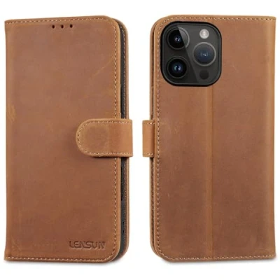 Afbeelding van Lensun Beschermhoesje voor iPhone 16 Pro Max, echt lederen hoes [RFID blokkering], boek met portemonnee, magneetsluiting, leren hoesjes retro bruin
