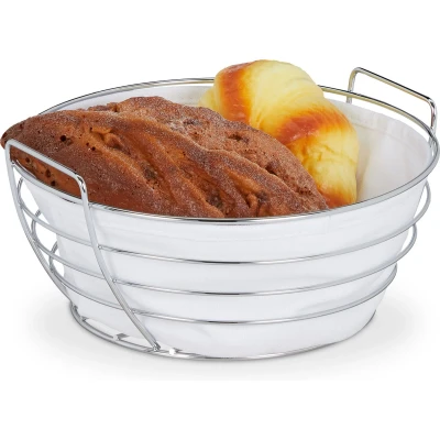 Afbeelding van Relaxdays Broodmand metaal stoffen inzet mandje broodjes rond broodmandje wit