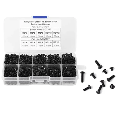 Afbeelding van M3 schroevenset, 720 stuks, 4 mm, 6 8 10 12 zwarte staallegering en platte kop, zeskantschroeven met kunststof doos.