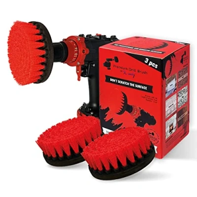 Afbeelding van Premium Boorborstel, stijf, rood, 3 stuks. SET, 13 cm. Professionele Power Scrubber. Kras geen oppervlakken. Geschikt voor garage, baksteen, buitentegels, steen, open haard, autovelgen reinigen