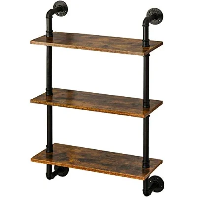 Afbeelding van IBUYKE Wandrek, 60 x 20 95 cm, buisrek met 3 niveaus, zwevend rek, industriële stijl, stabiele wandhouder, voor woonkamer, badkamer, keuken, rustiek bruin RF TM003