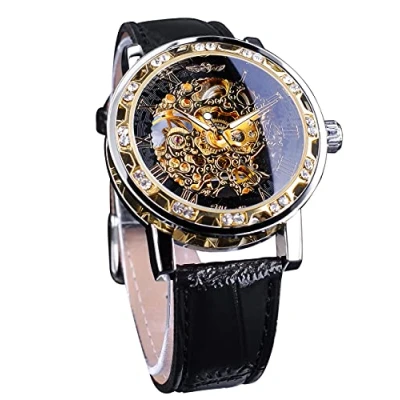 Afbeelding van FORSINING Winnaar Retro Handleiding Mechanische Skelet Horloge Met Diamant En Carving Bloem Craft Mannen Polshorloge Klassieke Romeinse Nummer, Goud l,