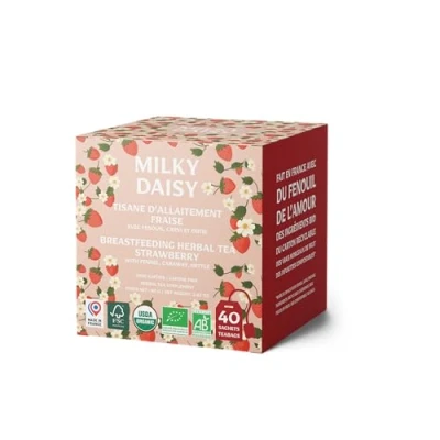 Afbeelding van Milky Daisy Biologische borstvoedingsthee aardbeiensmaak met venkel, karwij en brandnetel 40 composteerbare infusetten gemaakt in Frankrijk