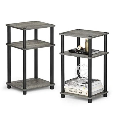 Afbeelding van Furinno Just 3 laags draai N buis bijzettafel, nachtkastje, nachtkastje met kunststof palen, 2 pack, Frans eiken grijs/zwart