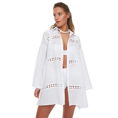 Afbeelding van Trendyol Wit Geweven 100% Katoenen Gestreept Accessoire Strandshirt Tbess22Go0213