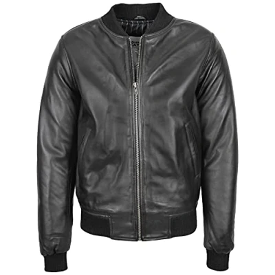 Afbeelding van Mens echt lederen bomberjack MA 1 Varsity stijl Ryan, Zwart, L